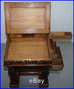 Stunning Hand Carved Early Victorian Circa 1840 Davenport Writing Desk Drawers