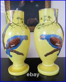 Stunning Pair Antique Victorian Bristol Glass Vases Hand Painted Birds 12.5