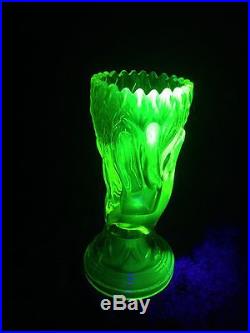 Stunning Rare Pair Of Antique John Derbyshire Green Uranium Glass Hand Vases
