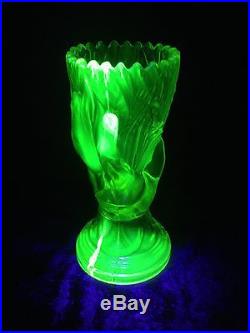 Stunning Rare Pair Of Antique John Derbyshire Green Uranium Glass Hand Vases
