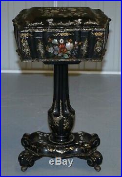 Sublime Victorian Mother Of Pearl & Paper Mache Hand Painted Sewing Work Box