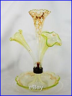 Superb Antique Victorian 1890's Uranium Glass Epergne Flower Vase Hand Painted