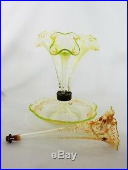 Superb Antique Victorian 1890's Uranium Glass Epergne Flower Vase Hand Painted