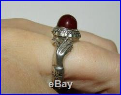 Superb, Antique Victorian Sterling Silver Fede Gimmel Hands Ring / Large Garnet
