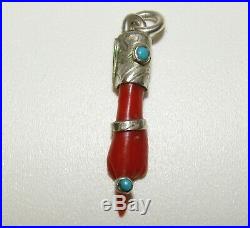 Superb, Antique Victorian Sterling Silver Hand / Figa Pendant With Turquoise