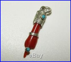Superb, Antique Victorian Sterling Silver Hand / Figa Pendant With Turquoise