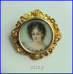 Superb Victorian Hand Painted Portrait 14K Gold Pendant / Brooch Pin 9.28 gram