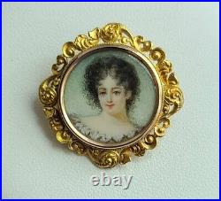 Superb Victorian Hand Painted Portrait 14K Gold Pendant / Brooch Pin 9.28 gram