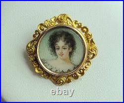 Superb Victorian Hand Painted Portrait 14K Gold Pendant / Brooch Pin 9.28 gram