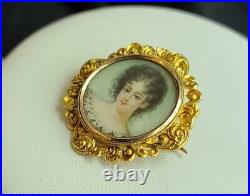 Superb Victorian Hand Painted Portrait 14K Gold Pendant / Brooch Pin 9.28 gram