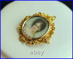 Superb Victorian Hand Painted Portrait 14K Gold Pendant / Brooch Pin 9.28 gram