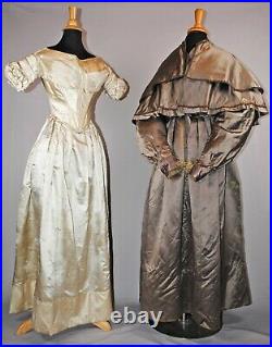TWO EARLY SILK SATIN DAY DRESSES, HAND STITCHED, 1835-1840s