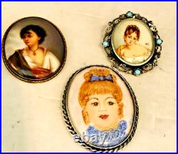 Three Antique Vtg Portrait Brooches, Pins Porcelain, Hand Painted Two Sterling