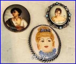 Three Antique Vtg Portrait Brooches, Pins Porcelain, Hand Painted Two Sterling