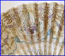 True Antique Victorian Hand Painted Gold Sequins Bone Carved Jewel Dress Fan