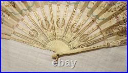 True Antique Victorian Hand Painted Gold Sequins Bone Carved Jewel Dress Fan