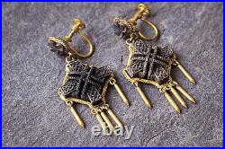 UNUSUAL ANTIQUE VICTORIAN IRISH GILT HAND CARVED BOG OAK EARRINGS c1880