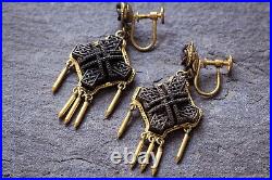 UNUSUAL ANTIQUE VICTORIAN IRISH GILT HAND CARVED BOG OAK EARRINGS c1880