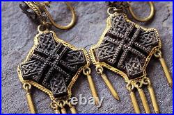 UNUSUAL ANTIQUE VICTORIAN IRISH GILT HAND CARVED BOG OAK EARRINGS c1880