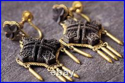 UNUSUAL ANTIQUE VICTORIAN IRISH GILT HAND CARVED BOG OAK EARRINGS c1880