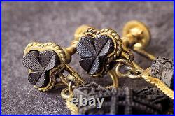 UNUSUAL ANTIQUE VICTORIAN IRISH GILT HAND CARVED BOG OAK EARRINGS c1880