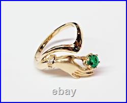 Unique 14ky Gold VICTORIAN STYLE Hands Holding Emerald & Diamond Ring Sz 9