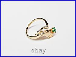 Unique 14ky Gold VICTORIAN STYLE Hands Holding Emerald & Diamond Ring Sz 9