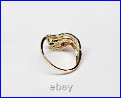 Unique 14ky Gold VICTORIAN STYLE Hands Holding Emerald & Diamond Ring Sz 9