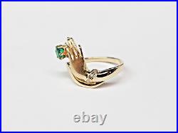 Unique 14ky Gold VICTORIAN STYLE Hands Holding Emerald & Diamond Ring Sz 9