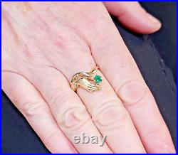 Unique 14ky Gold VICTORIAN STYLE Hands Holding Emerald & Diamond Ring Sz 9