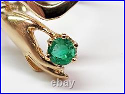 Unique 14ky Gold VICTORIAN STYLE Hands Holding Emerald & Diamond Ring Sz 9