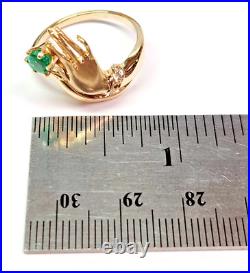 Unique 14ky Gold VICTORIAN STYLE Hands Holding Emerald & Diamond Ring Sz 9