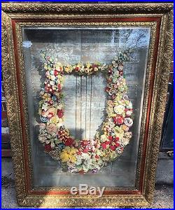Unique 19th Cent. Victorian Hand Made Floral Carriage Wreath in Gilt Shadow Box