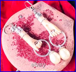 Unique Victorian Antique Pair Of Fist Hand Figa Silver Gold Amulet Earrings