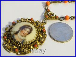 Unique Victorian Hand Painted Percelain Cameo Pendant Necklace with Coral