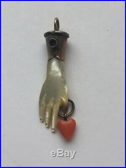 Unusual Antique Victorian Charm Mother Of Pearl Hand with Coral Heart