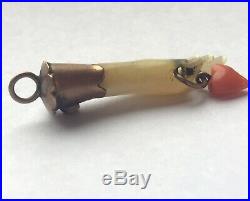 Unusual Antique Victorian Charm Mother Of Pearl Hand with Coral Heart