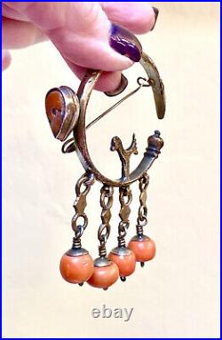 Unusual Victorian Antique Sterling Silver & Coral Hand-Crafted Bird Brooch