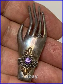 VICTORIAN C CATCH STERLING SILVER HAND BROOCH PIN With GOLD BRACELET ADORNMENT