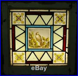 VICTORIAN ENGLISH LEADED STAINED GLASS WINDOW Hand Painted Bird 18.5 x 18.5