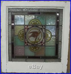 VICTORIAN ENGLISH LEADED STAINED GLASS WINDOW Hand Painted Bird 19.75 x 21.25
