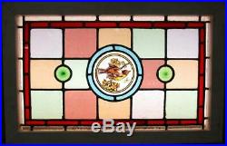 VICTORIAN ENGLISH LEADED STAINED GLASS WINDOW Hand Painted Bird 24.25 x 15.5