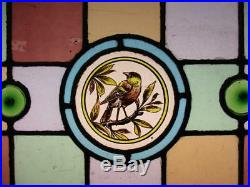 VICTORIAN ENGLISH LEADED STAINED GLASS WINDOW Hand Painted Bird 24 x 15.75