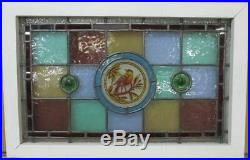 VICTORIAN ENGLISH LEADED STAINED GLASS WINDOW Hand Painted Bird 24 x 15.75