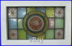 VICTORIAN ENGLISH LEADED STAINED GLASS WINDOW Hand Painted Floral 18.5 x 12