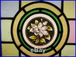 VICTORIAN ENGLISH LEADED STAINED GLASS WINDOW Hand Painted Floral 18.5 x 12