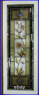 VICTORIAN ENGLISH LEADED STAINED GLASS WINDOW Hand Painted Flowers 15.25 x 41