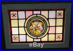 VICTORIAN ENGLISH LEADED STAINED GLASS WINDOW Hand Painted Flowers 19 x 13