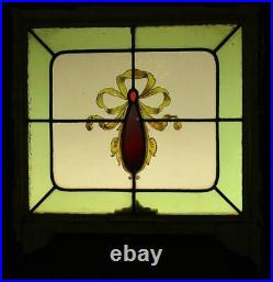 VICTORIAN ENGLISH LEADED STAINED GLASS WINDOW Hand Painted Ribbons 22 x 19.5