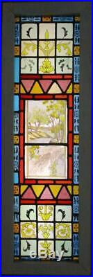 VICTORIAN ENGLISH LEADED STAINED GLASS WINDOW Hand Painted Scene 13.75 x 42